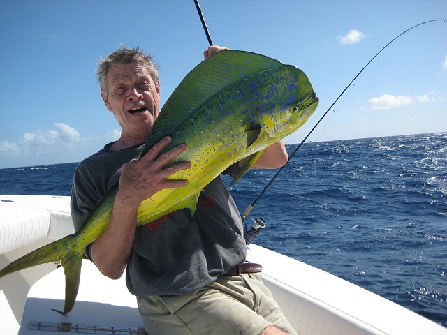 angler holding dolphin fish mahimahi