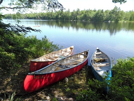 三艘独木舟停在湖边