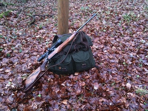 在树叶茂密的地上，猎枪放在袋子里