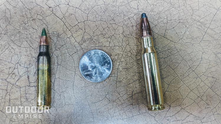 一个5.56毫米的弹壳，旁边是一个。308的弹壳，有一个四分之一的比例