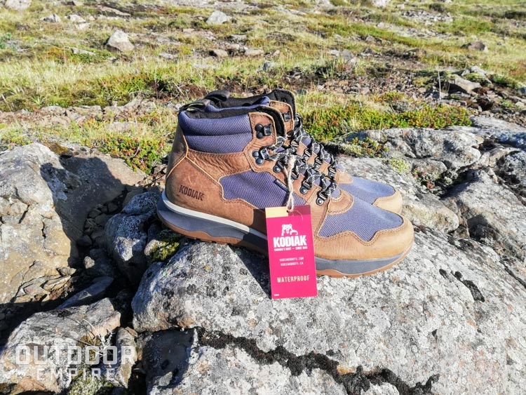 新的科迪亚克斯科根靴子防水标签坐在岩石上