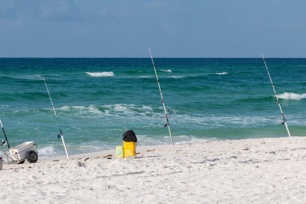 岸上固定的冲浪钓竿和渔具