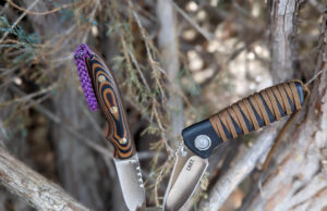 一把固定刀片刀和一把折叠刀片刀都插进了桧树丛